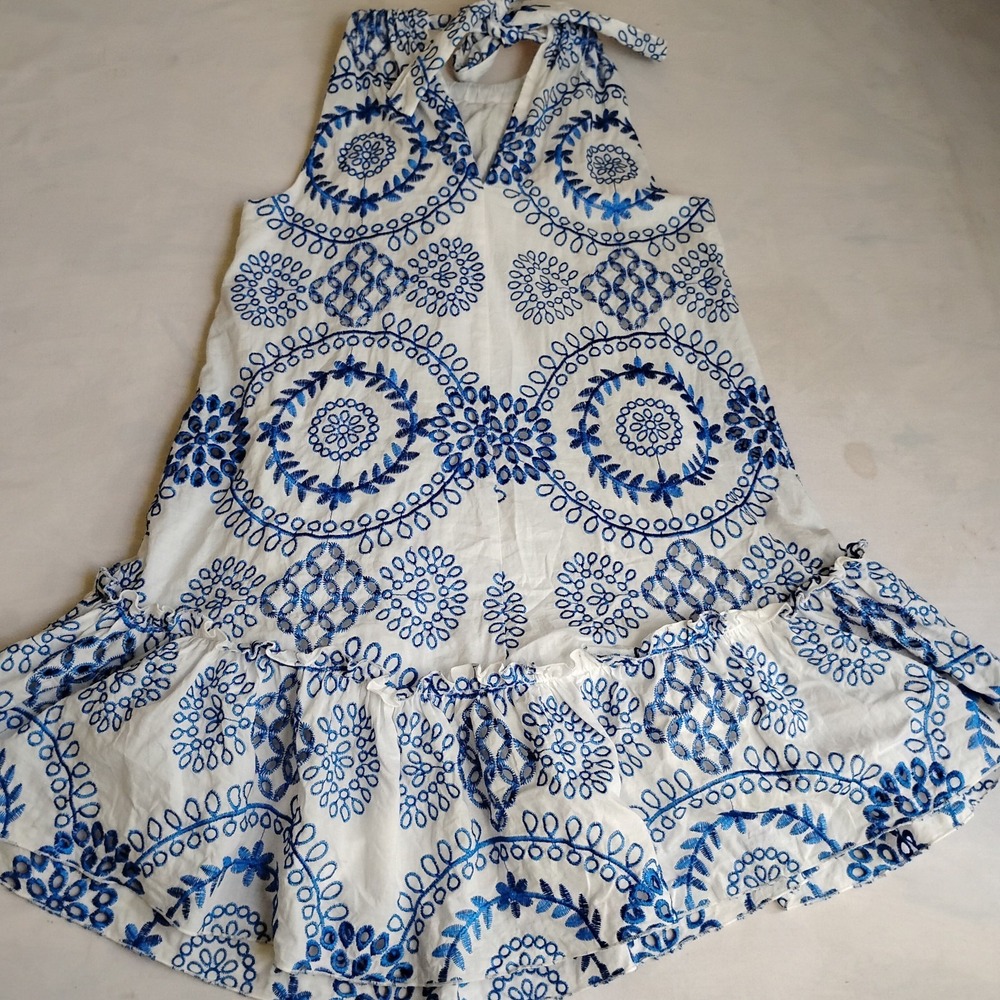 Trina Turk Dress Small Kori Ruffled Embroidered Mini Flouce Bow Cottage Boho - Picture 11 of 15